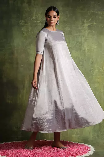 Silver pure chanderi silk tissue kalidar dress