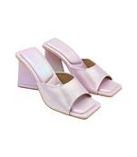 Pink vegan leather medusa holographic block heels