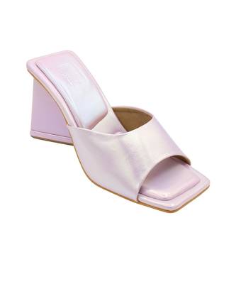 Pink vegan leather medusa holographic block heels 2