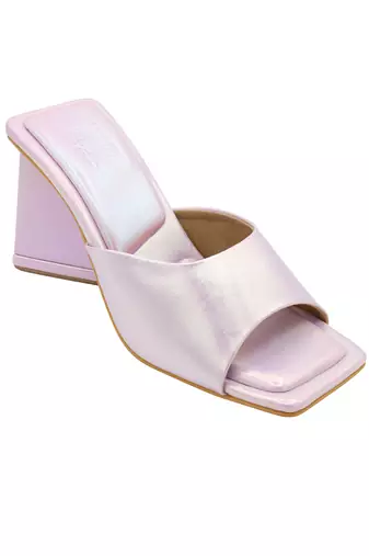 Pink vegan leather medusa holographic block heels