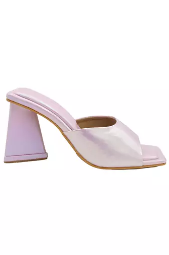 Pink vegan leather medusa holographic block heels