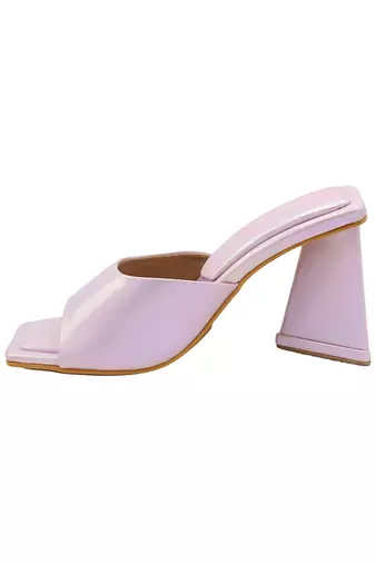 Pink vegan leather medusa holographic block heels