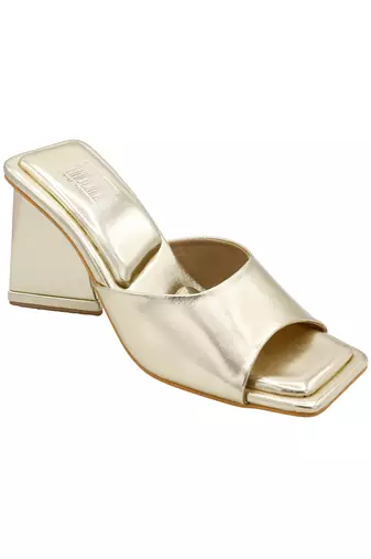 Gold vegan leather oro metallic block heels
