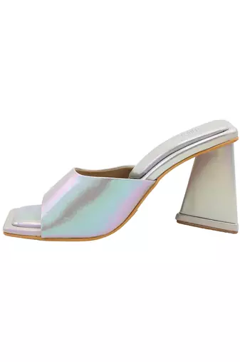Silver oyster vegan leather block heels