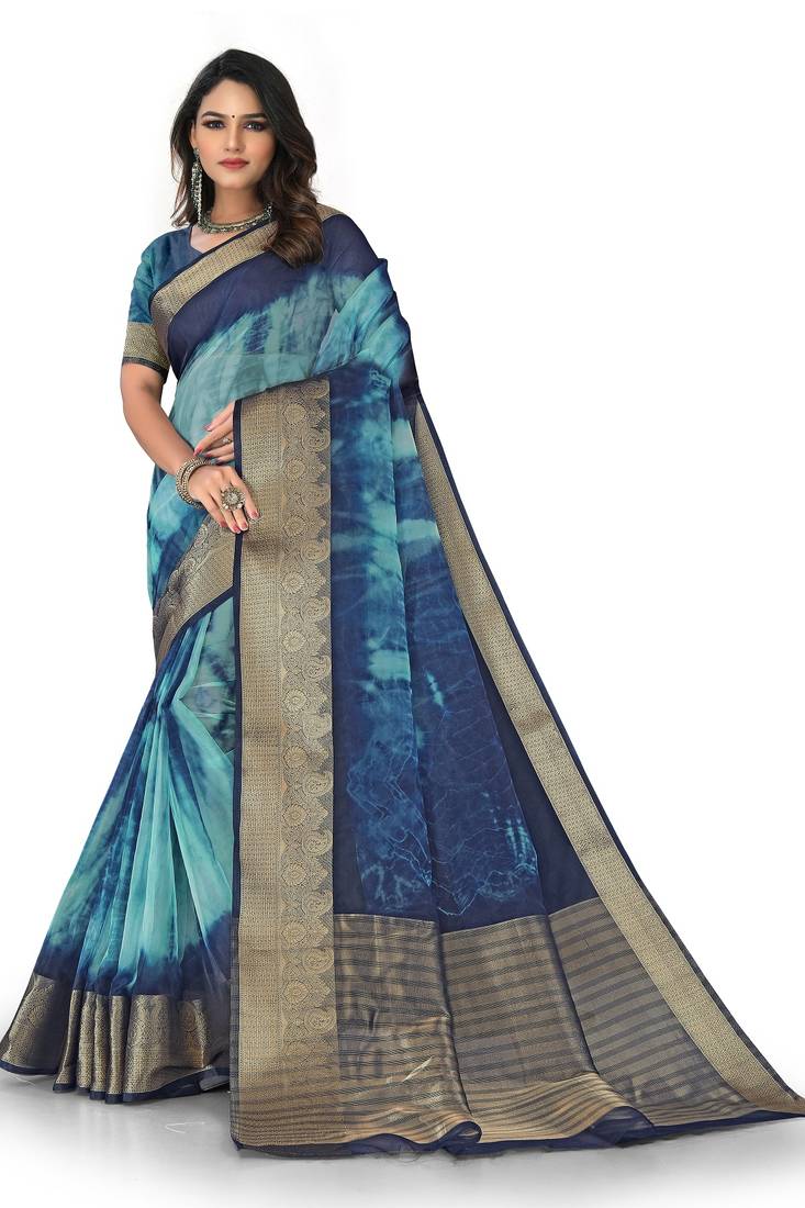 Blue shibori print organza womens saree with blouse
