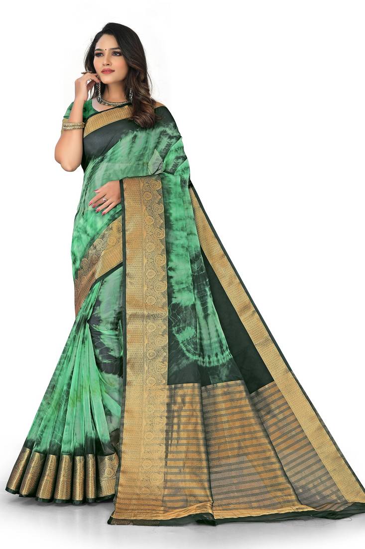Green shibori print organza womens saree with blouse