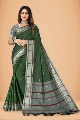 Green cotton silk woven womens paithani saree with blouse 1