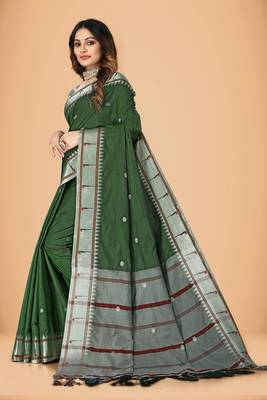 Green cotton silk woven womens paithani saree with blouse 3
