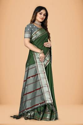 Green cotton silk woven womens paithani saree with blouse 4