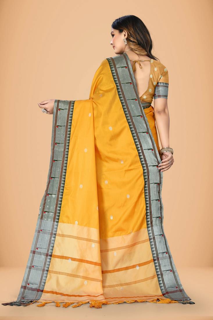 Yellow cotton silk woven womens paithani saree with blouse