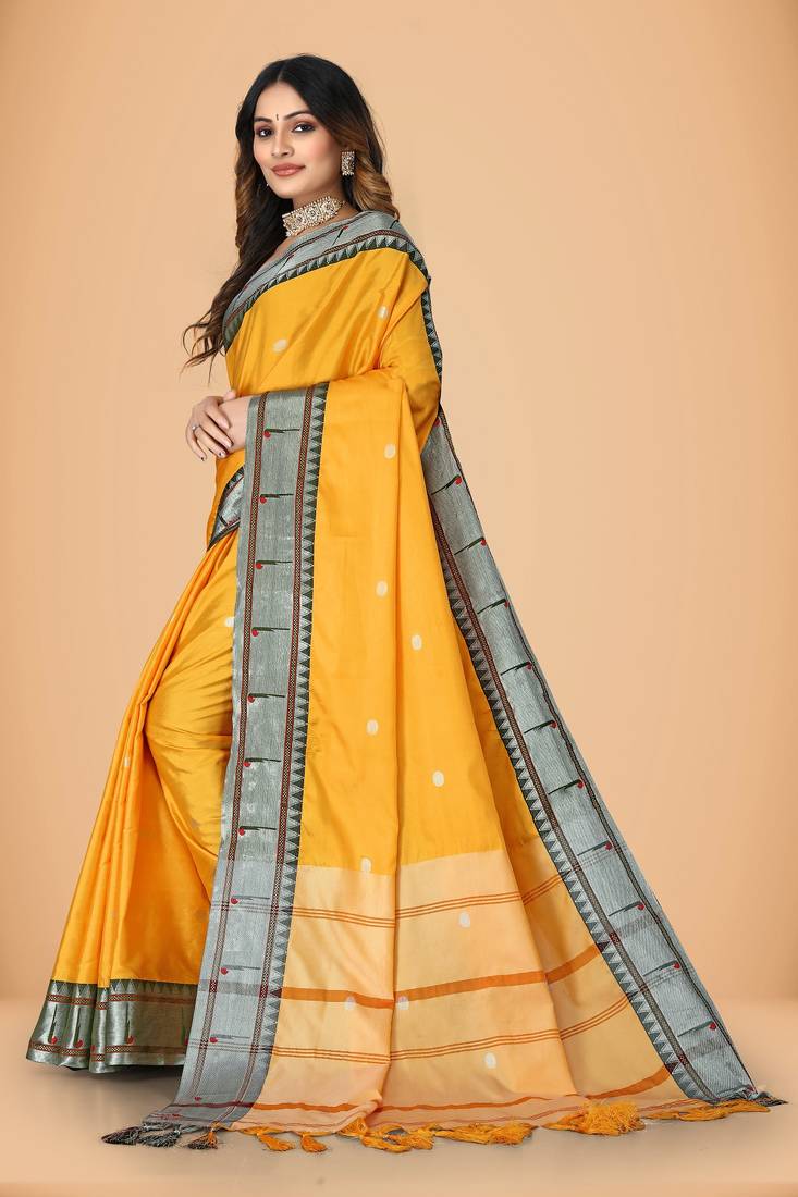 Yellow cotton silk woven womens paithani saree with blouse