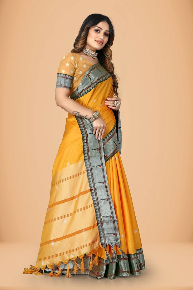 Yellow cotton silk woven womens paithani saree with blouse
