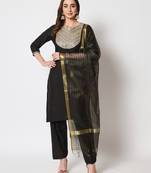 Black Embroidered Straight Kurti with Straight Pants and Dupatta