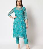 Sea Green Printed Organza Kurti with Straight Pants