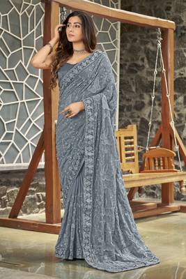 Georgette Embellished Grey Sari For Women With Blouse Piece 1