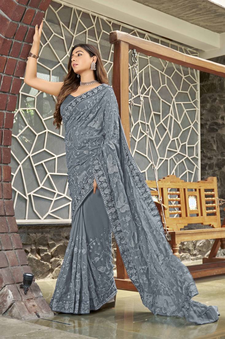 Georgette Embellished Grey Sari For Women With Blouse Piece