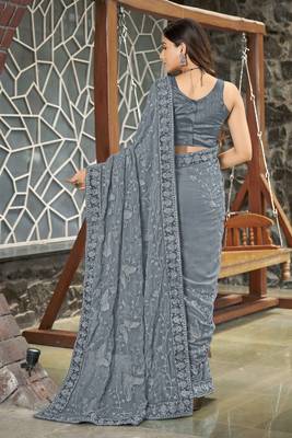 Georgette Embellished Grey Sari For Women With Blouse Piece 3