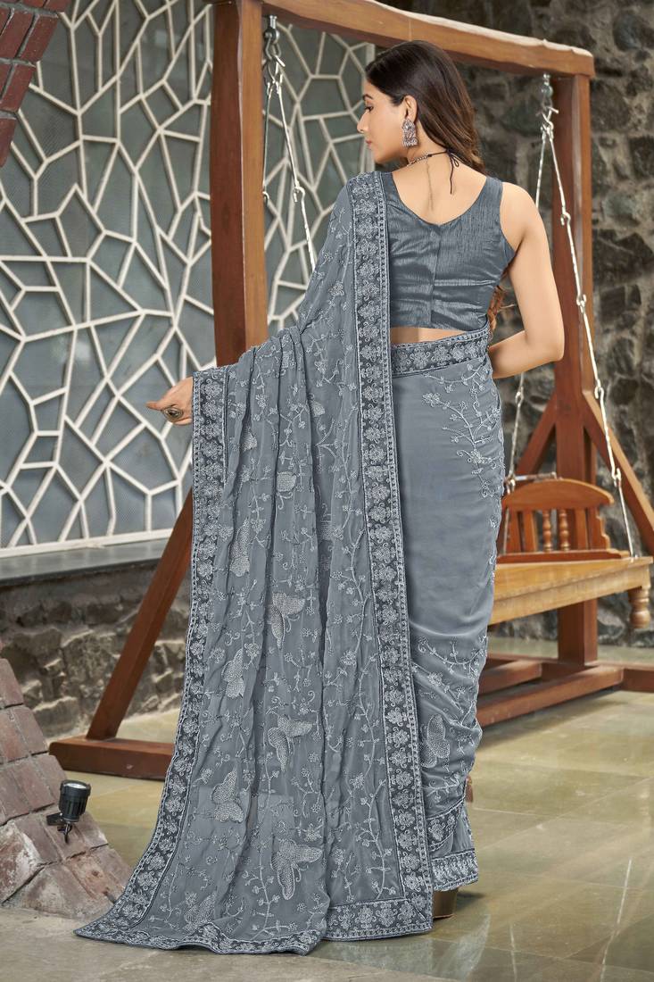 Georgette Embellished Grey Sari For Women With Blouse Piece