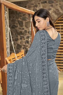 Georgette Embellished Grey Sari For Women With Blouse Piece 4