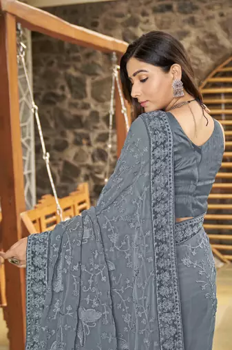 Georgette Embellished Grey Sari For Women With Blouse Piece
