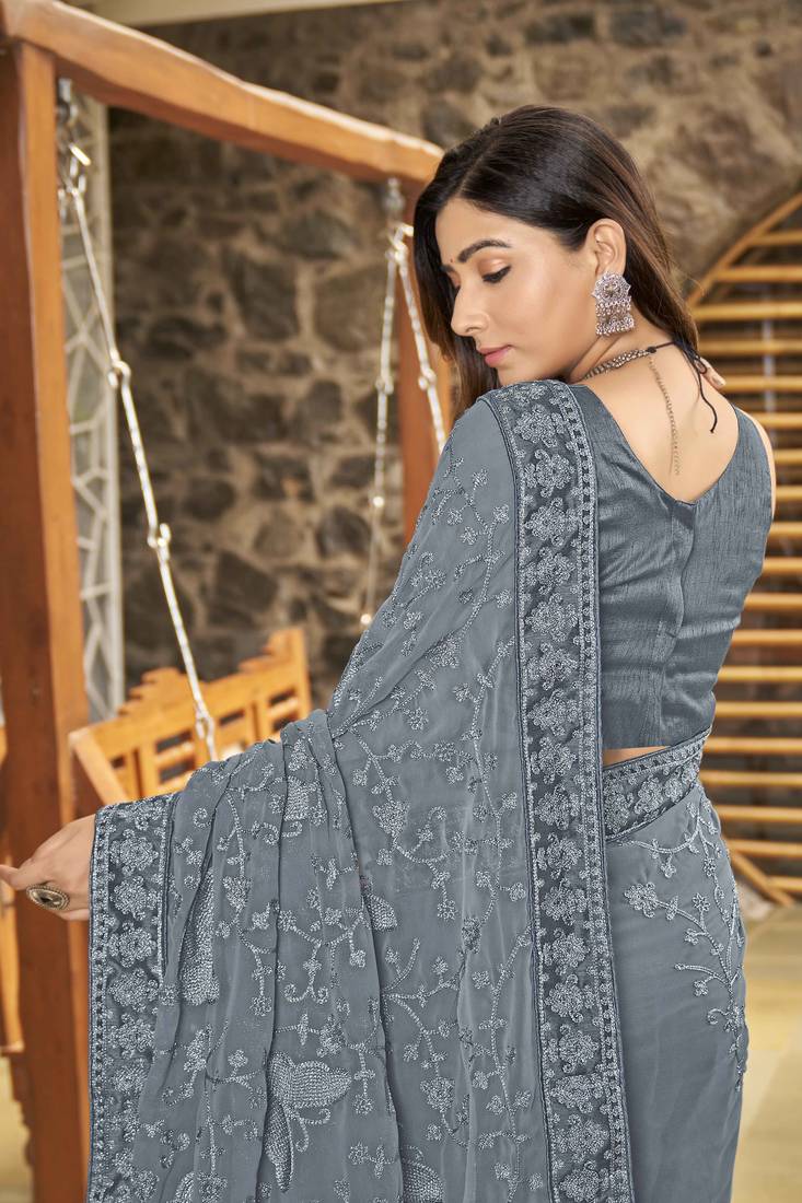 Georgette Embellished Grey Sari For Women With Blouse Piece
