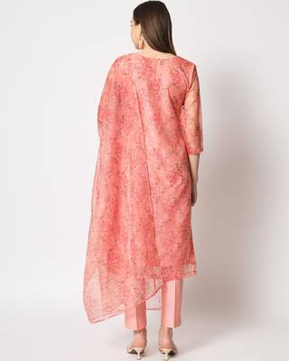 Peach Floral Organza Kurti with Straight Pants and Dupatta 3