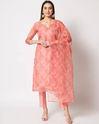 Peach Floral Organza Kurti with Straight Pants and Dupatta 1