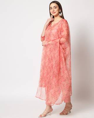 Peach Floral Organza Kurti with Straight Pants and Dupatta 4