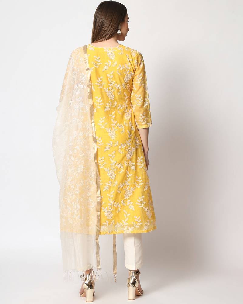 Yellow Kota Embroidered A-Line Kurti with Straight Pants and Kota Embroidered Dupatta