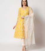 Yellow Kota Embroidered A-Line Kurti with Straight Pants and Kota Embroidered Dupatta