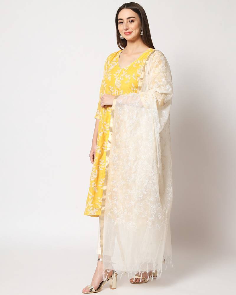 Yellow Kota Embroidered A-Line Kurti with Straight Pants and Kota Embroidered Dupatta