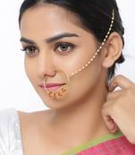 Sasha gold plated red kundan studded & beaded chained non-piercing nose pin