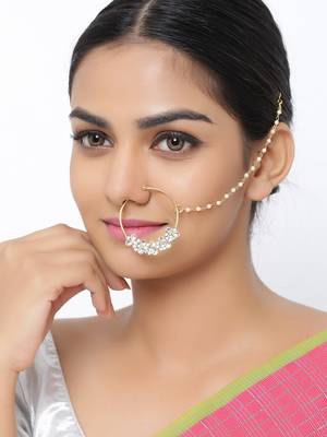 Sasha women gold-plated gold-toned white kundan studded chained non-piercing nosepin 1