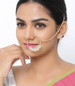 Sasha women gold-plated gold-toned white kundan studded chained non-piercing nosepin