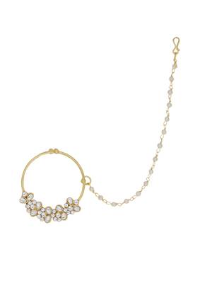 Sasha women gold-plated gold-toned white kundan studded chained non-piercing nosepin 2
