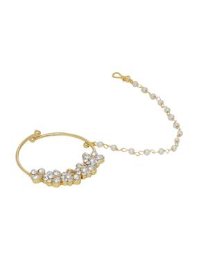 Sasha women gold-plated gold-toned white kundan studded chained non-piercing nosepin 3