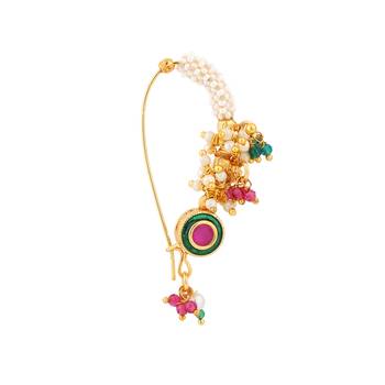 Sasha gold-plated ruby pink & kundan studded maharashtrian nosepin 1