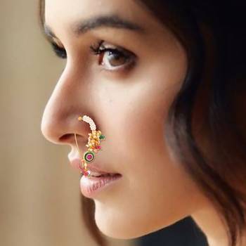 Sasha gold-plated ruby pink & kundan studded maharashtrian nosepin 2