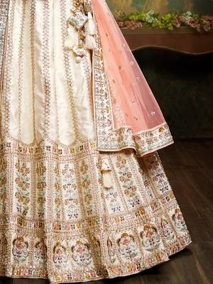 Off White Pure Silk Moti & Zarkan heavy embroidery Semi-Stitched Lehenga choli & Dupatta 5