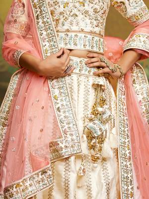 Off White Pure Silk Moti & Zarkan heavy embroidery Semi-Stitched Lehenga choli & Dupatta 6