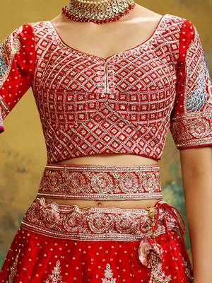 Red Pure Silk Moti & Zarkan heavy embroidery Semi-Stitched Lehenga choli & Dupatta 8