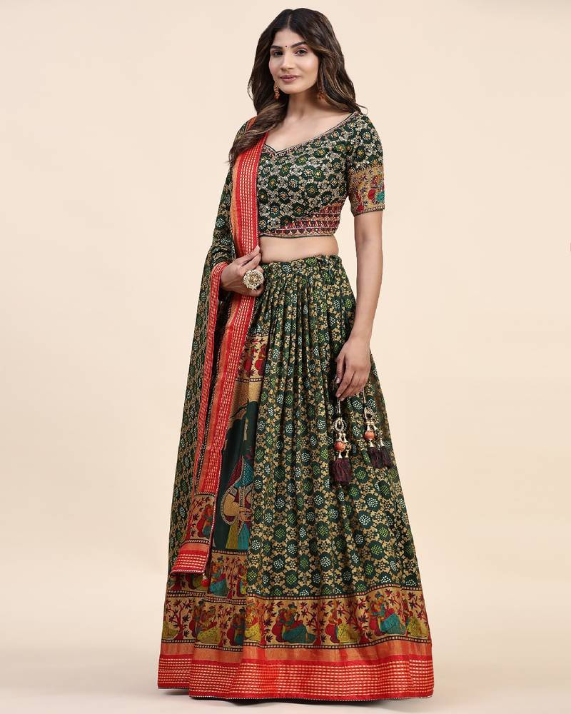 Green Embroidered Silk Lehenga Choli with Dupatta