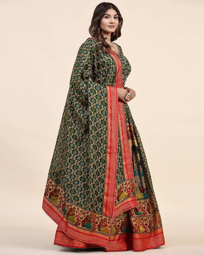 Green Embroidered Silk Lehenga Choli with Dupatta