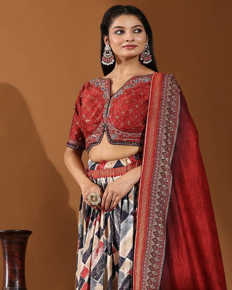 Multi Color Embroidered Silk Lehenga Choli with Dupatta