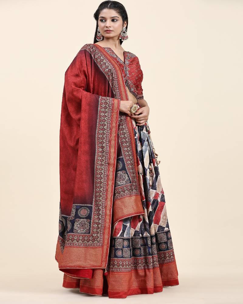 Multi Color Embroidered Silk Lehenga Choli with Dupatta