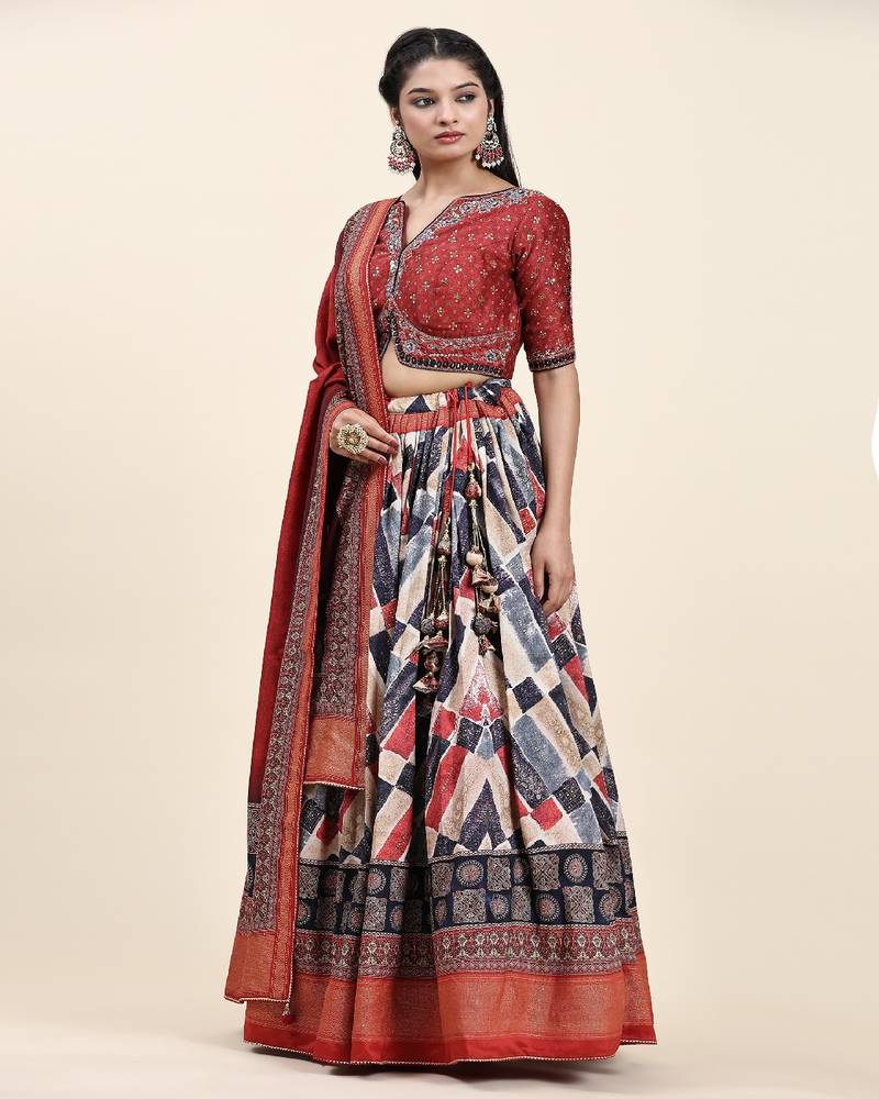 Multi Color Embroidered Silk Lehenga Choli with Dupatta