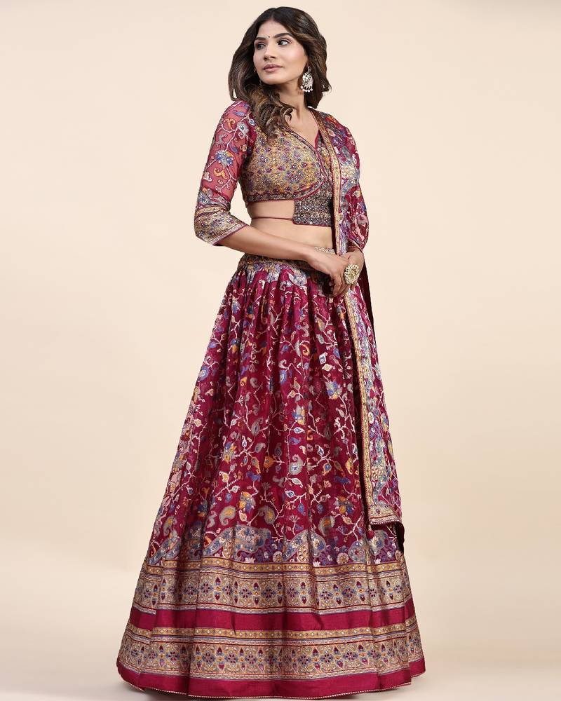 Pink Embroidered Silk Lehenga Choli with Dupatta