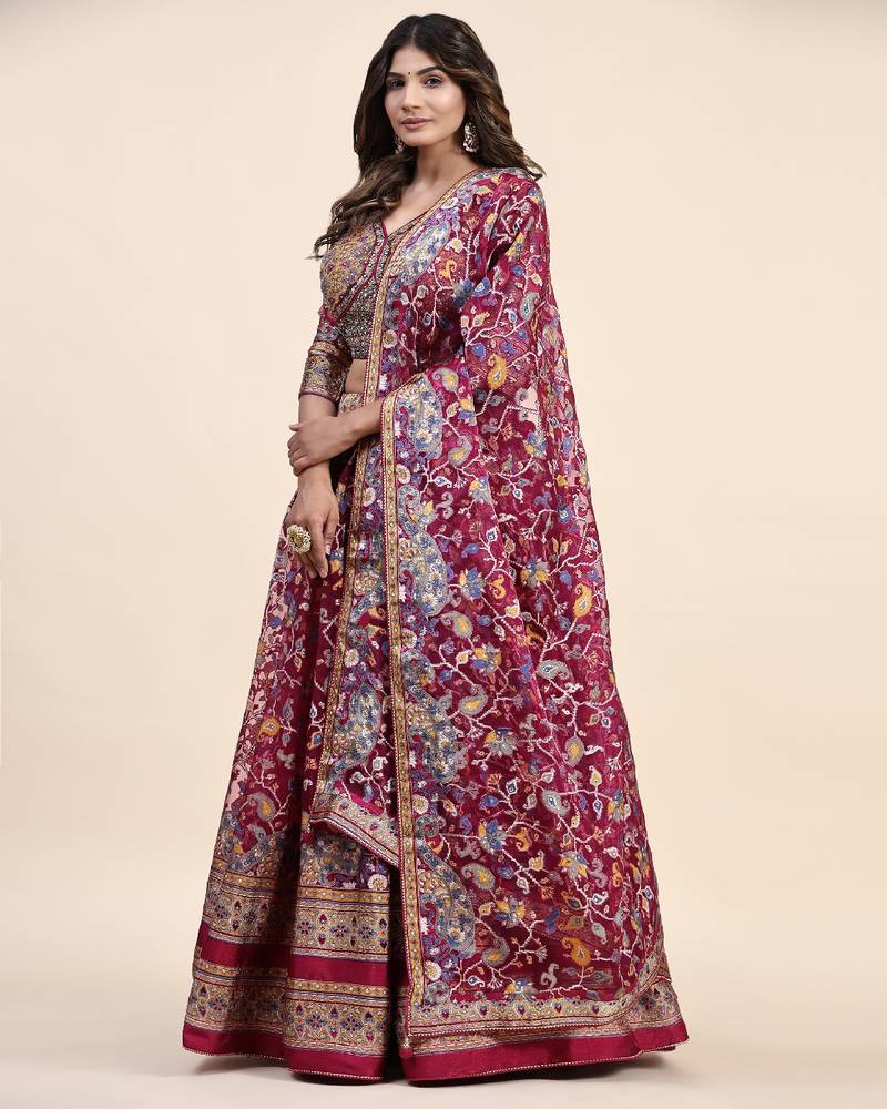 Pink Embroidered Silk Lehenga Choli with Dupatta