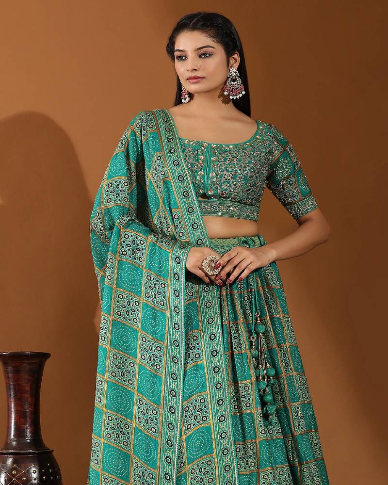 Sea Green Embroidered Silk Lehenga Choli with Dupatta