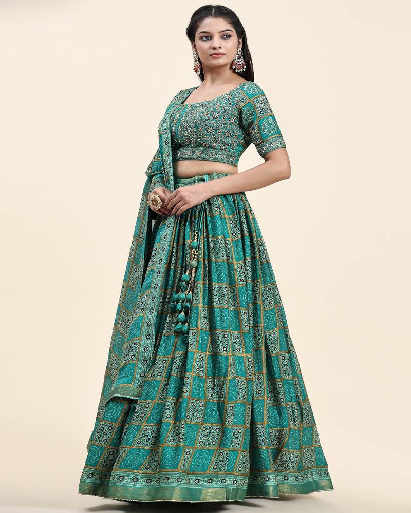 Sea Green Embroidered Silk Lehenga Choli with Dupatta